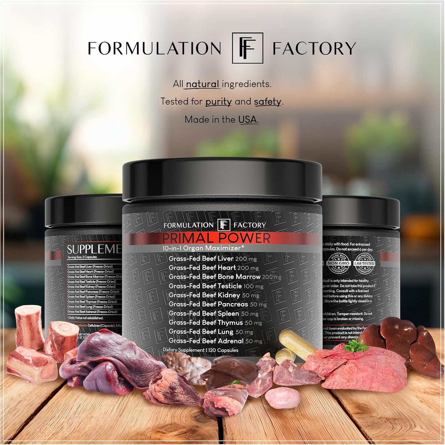 Formulation Factory Primal Power 10-in-1 Grass-Fed Organ Supplement with Beef Liver, Heart, Marrow, Testicle, Kidney, Supports Vitality, Hormones, Energy, Immunity (2 Month Supply, 120 Capsules)