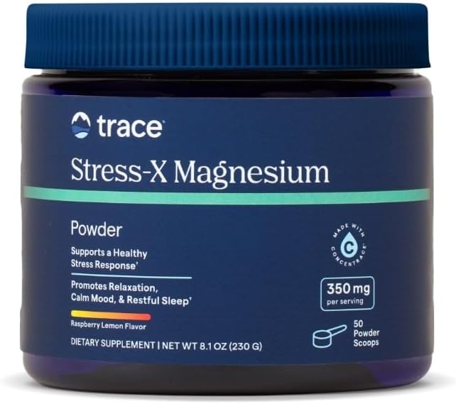 Trace Minerals | Stress-X Magnesium Powder | Stress Relief, Regularity, Relax, Sleep, Energy, Relaxes Muscles, Cell Function | Non-GMO, Gluten Free, and Certified Vegan | Raspberry Lemon Flavor|8.5 oz