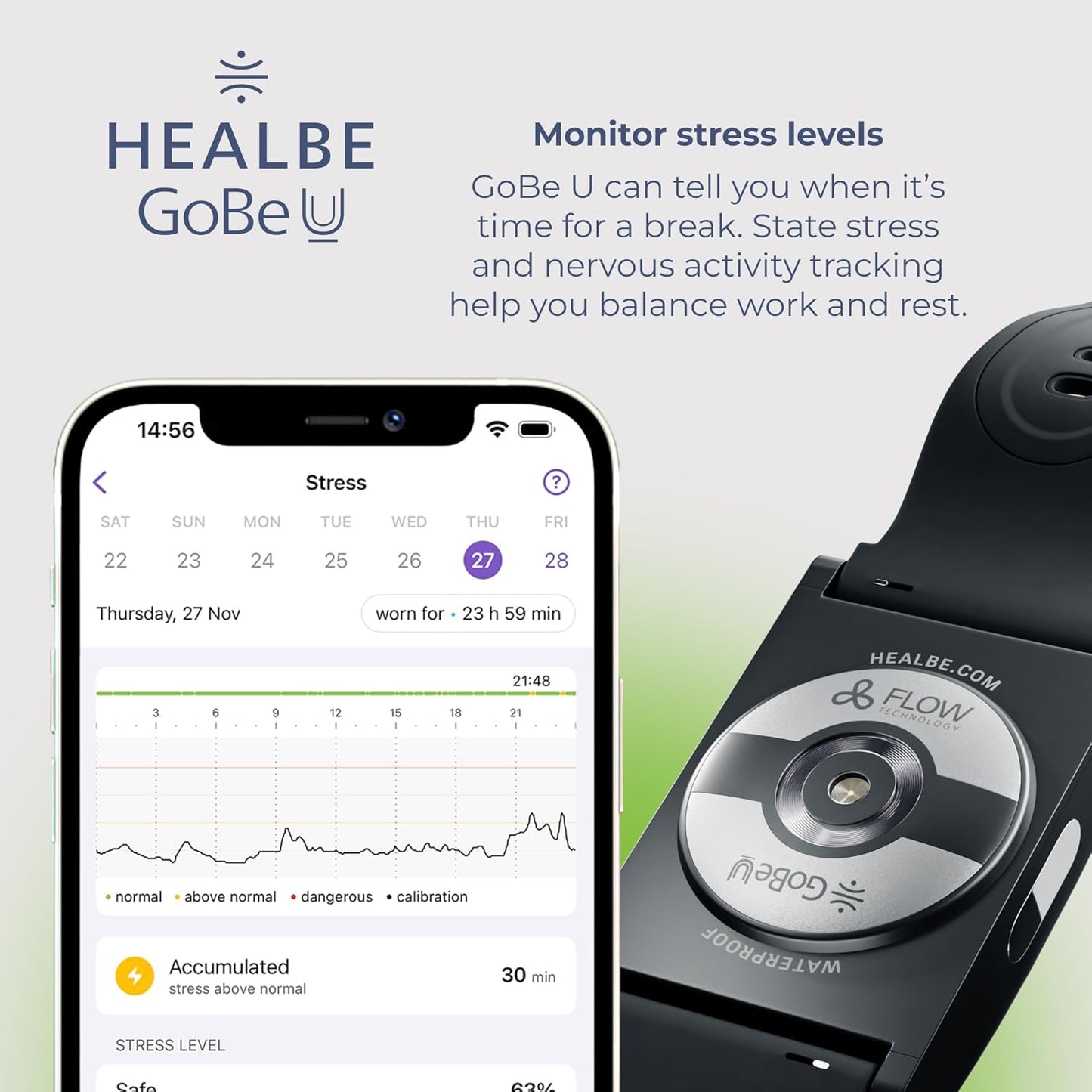 HEALBE GoBe U - Automatic Calorie Intake Smart Band, Energy Balance Insights, Hydration, Sleep, Stress, 24/7 Heart Rate, Neuroactivity, Free App, 5 ATM Waterproof - Black