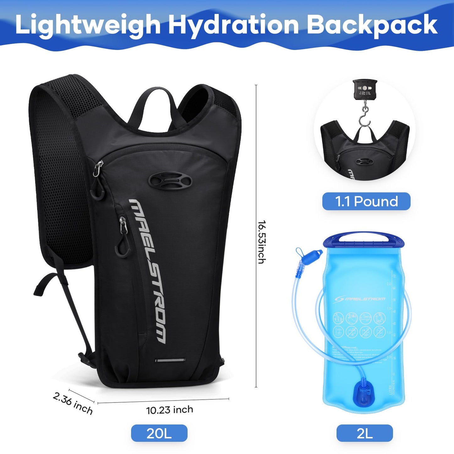 Maelstrom Running Hydration Vest, Hiking Backpack with 2L Water Bladder for Cycling Rave for Men Women