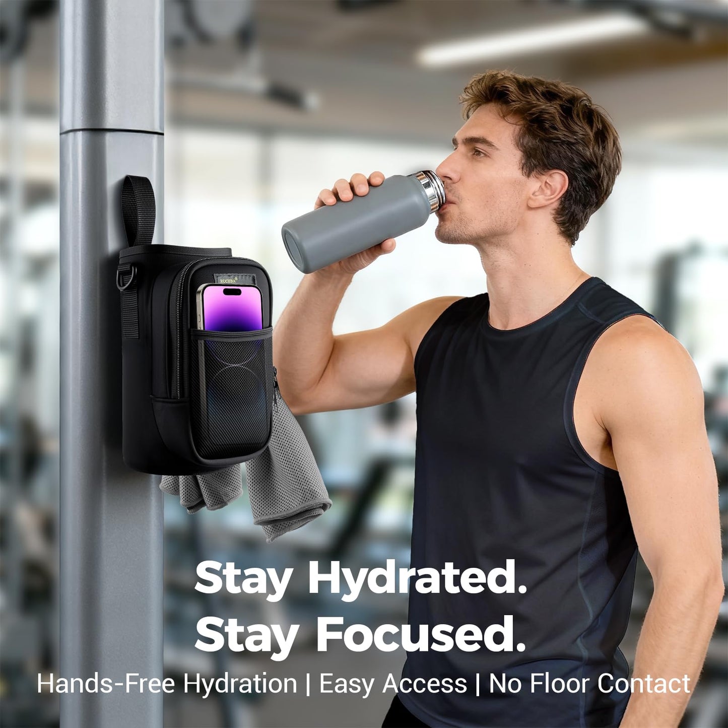 Magnetic Water Bottle Holder Bag with Phone Pocket for 24 32 40 oz, 5 Strong Magnets Neoprene Water Bottle Carrier Adjustable Crossbody Strap for Steel Gym Equipment