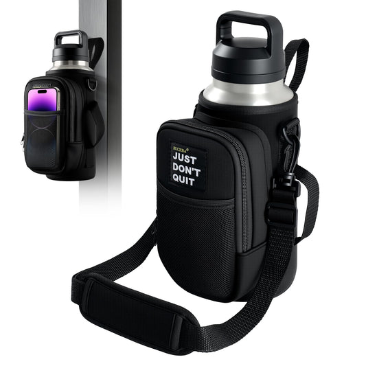 Magnetic Water Bottle Holder Bag with Phone Pocket for 24 32 40 oz, 5 Strong Magnets Neoprene Water Bottle Carrier Adjustable Crossbody Strap for Steel Gym Equipment
