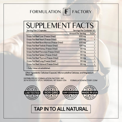 Formulation Factory Primal Power 10-in-1 Grass-Fed Organ Supplement with Beef Liver, Heart, Marrow, Testicle, Kidney, Supports Vitality, Hormones, Energy, Immunity (2 Month Supply, 120 Capsules)