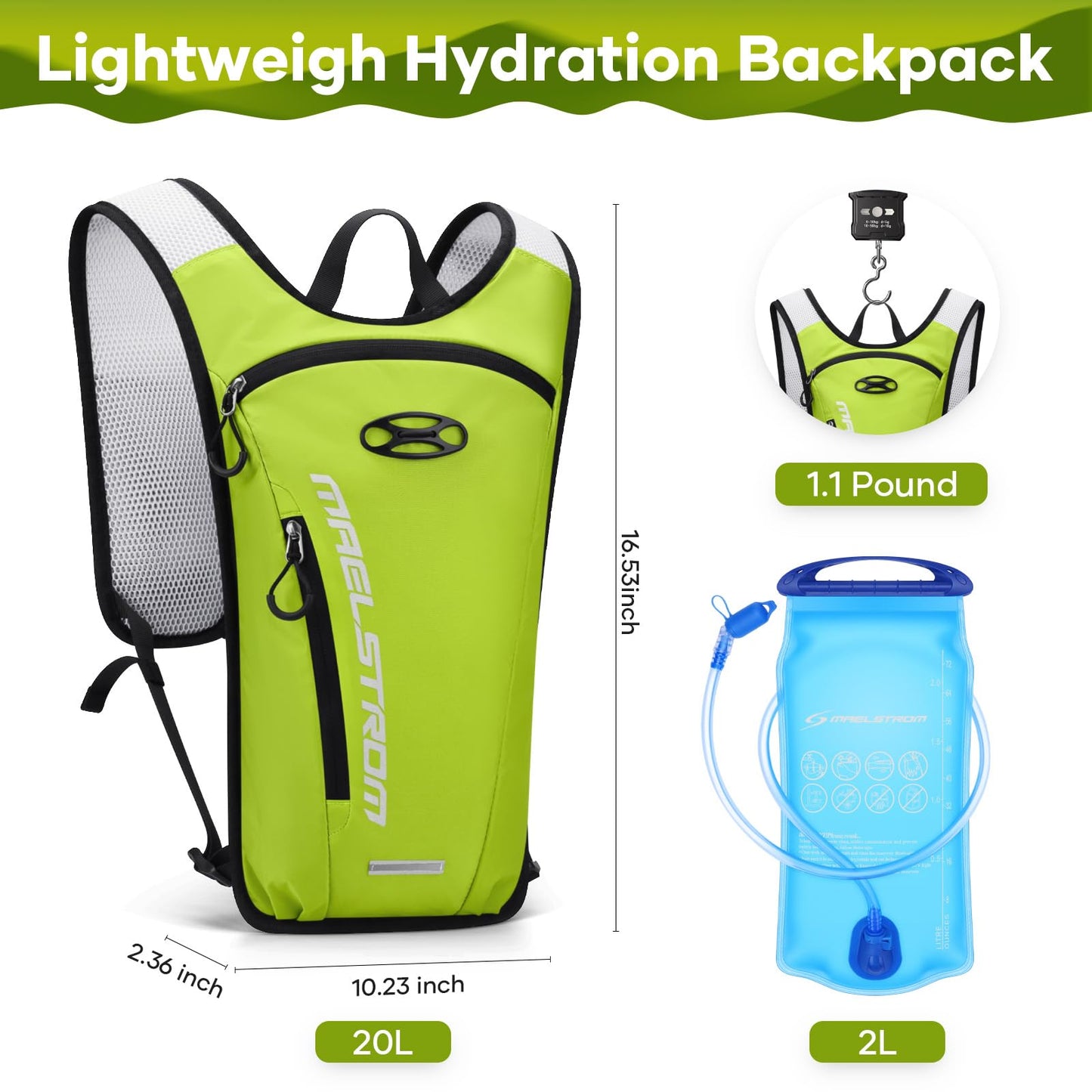 Maelstrom Running Hydration Vest, Hiking Backpack with 2L Water Bladder for Cycling Rave for Men Women