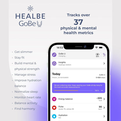 HEALBE GoBe U - Automatic Calorie Intake Smart Band, Energy Balance Insights, Hydration, Sleep, Stress, 24/7 Heart Rate, Neuroactivity, Free App, 5 ATM Waterproof - Black