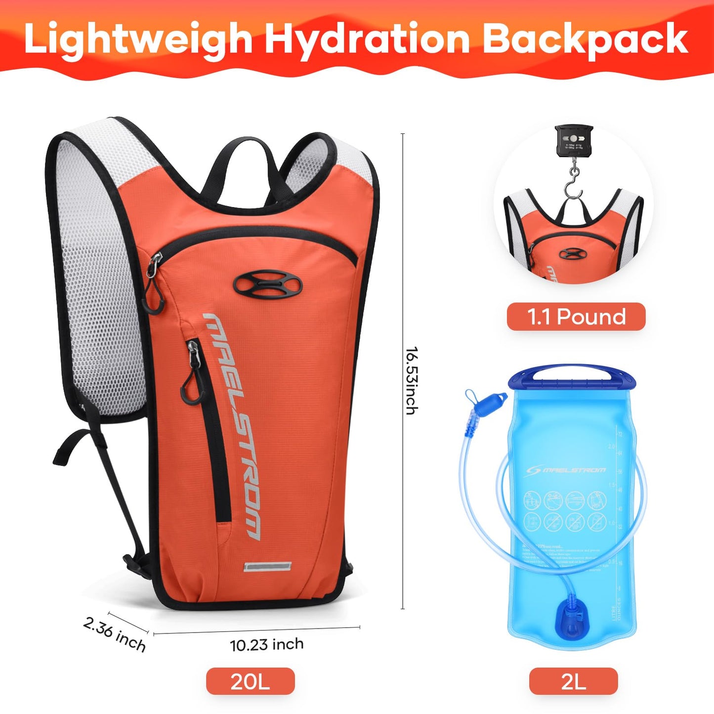 Maelstrom Running Hydration Vest, Hiking Backpack with 2L Water Bladder for Cycling Rave for Men Women