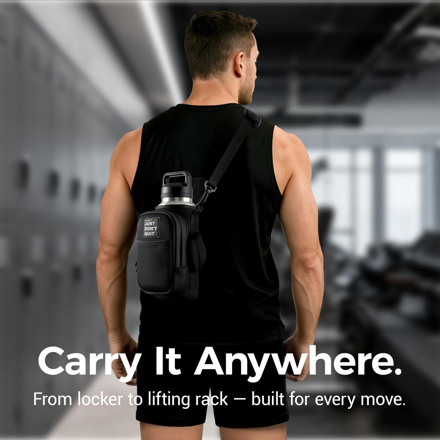 Magnetic Water Bottle Holder Bag with Phone Pocket for 24 32 40 oz, 5 Strong Magnets Neoprene Water Bottle Carrier Adjustable Crossbody Strap for Steel Gym Equipment