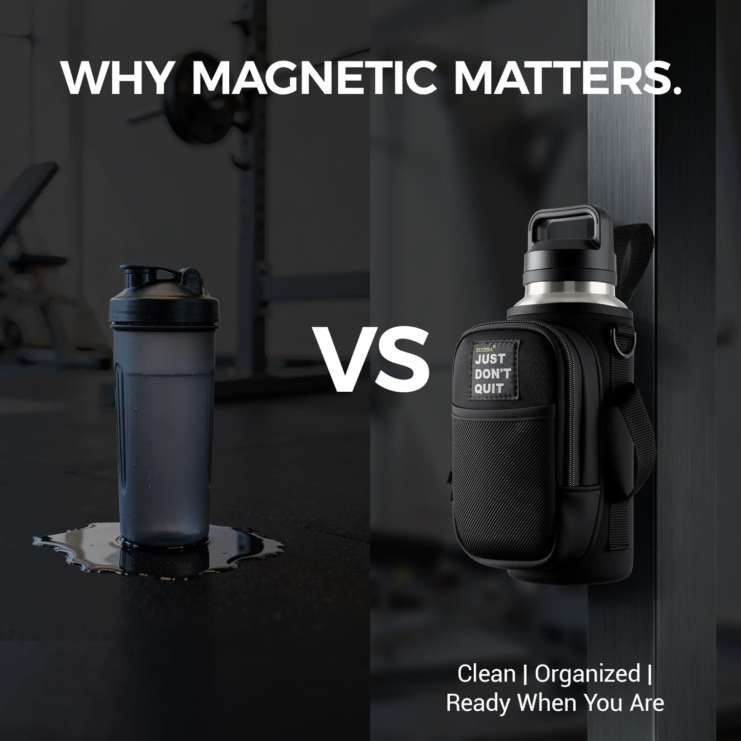 Magnetic Water Bottle Holder Bag with Phone Pocket for 24 32 40 oz, 5 Strong Magnets Neoprene Water Bottle Carrier Adjustable Crossbody Strap for Steel Gym Equipment