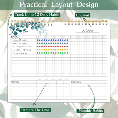Habit Tracker Calendar- 12 Months Undated Daily Weekly & Monthly Period Habit Tracker Journal, Spiral Binding with Writable Goals Habits Track and Self Care Office Supplies, Personalized Gifts for Women Mom Sister Teacher