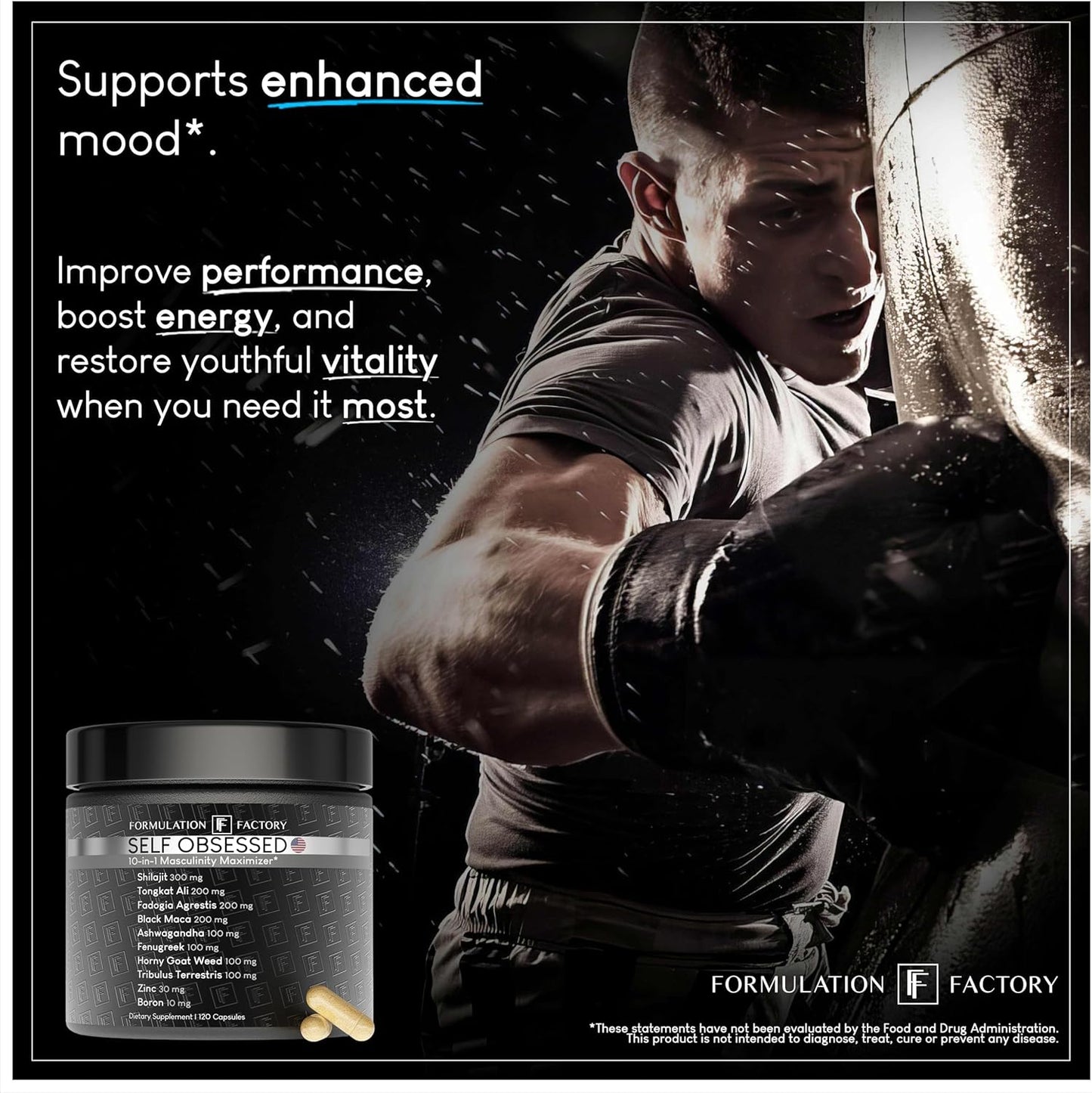 Formulation Factory Self Obsessed 10 in 1 Masculinity Maximizer Supplement, Shilajit for Men, Tongkat Ali, Ashwaganda, Fenugreek Muscle Growth, Energy, Drive, Strength, Recovery 2 Month (Pack of 1)