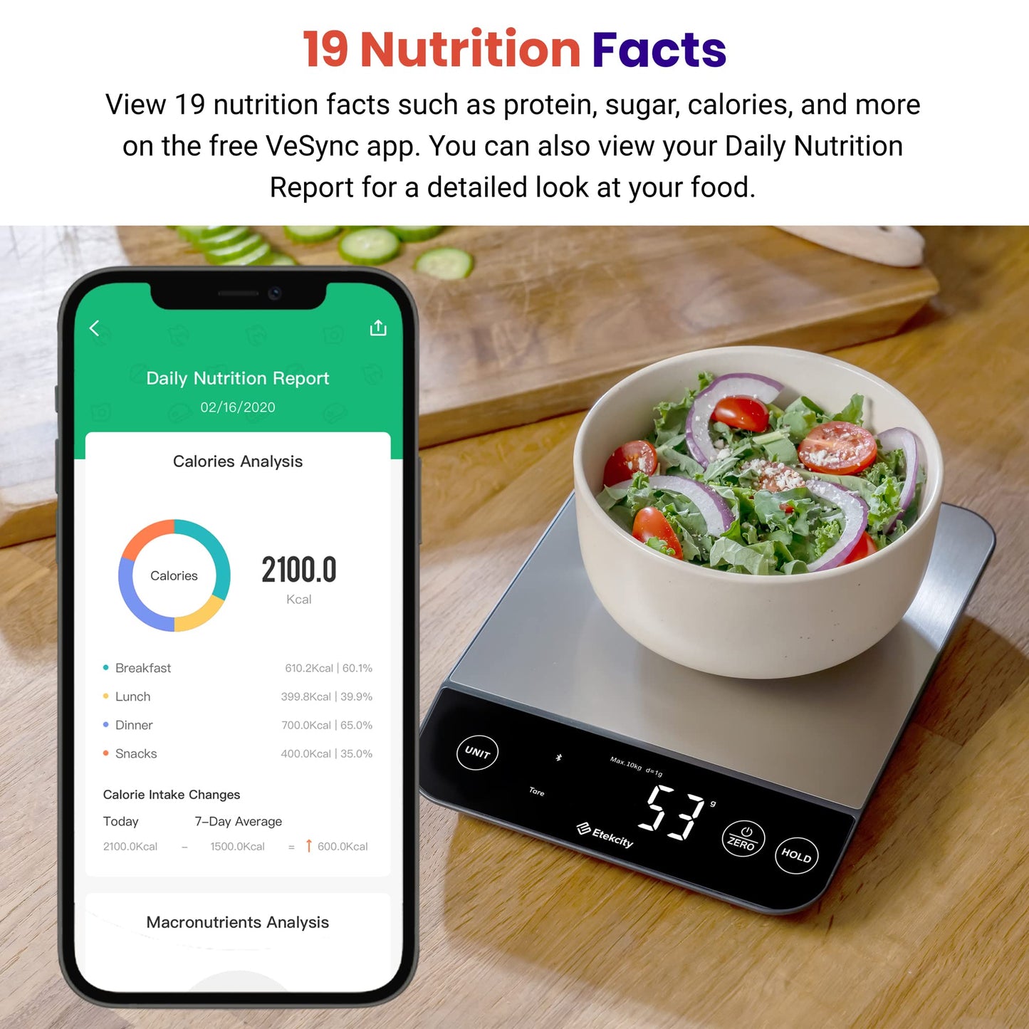 Etekcity Smart Food Kitchen Scale with Nutritional Calculator, Free App with 19 Nutrients Tracking, Calorie, Marco, Digital grams and ounces for weight loss, Premium Stainless Steel, 11lb