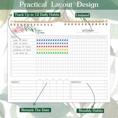 Habit Tracker Calendar- 12 Months Undated Daily Weekly & Monthly Period Habit Tracker Journal, Spiral Binding with Writable Goals Habits Track and Self Care Office Supplies, Personalized Gifts for Women Mom Sister Teacher