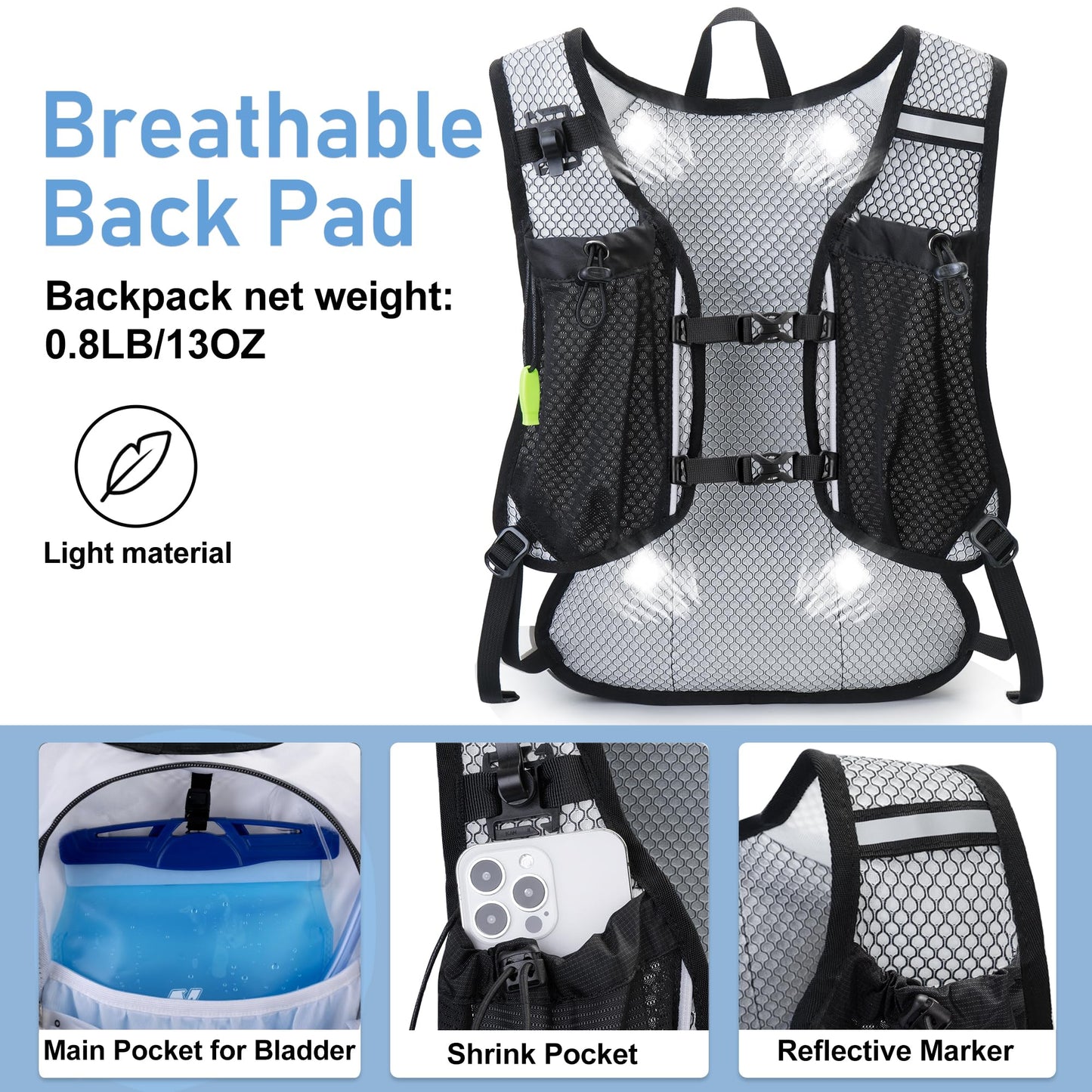 Lightweight Hydration Backpack, Running Backpack with 2L Water Bladder, Hydro Water Daypack for Cycling Hiking Rave for Men Women