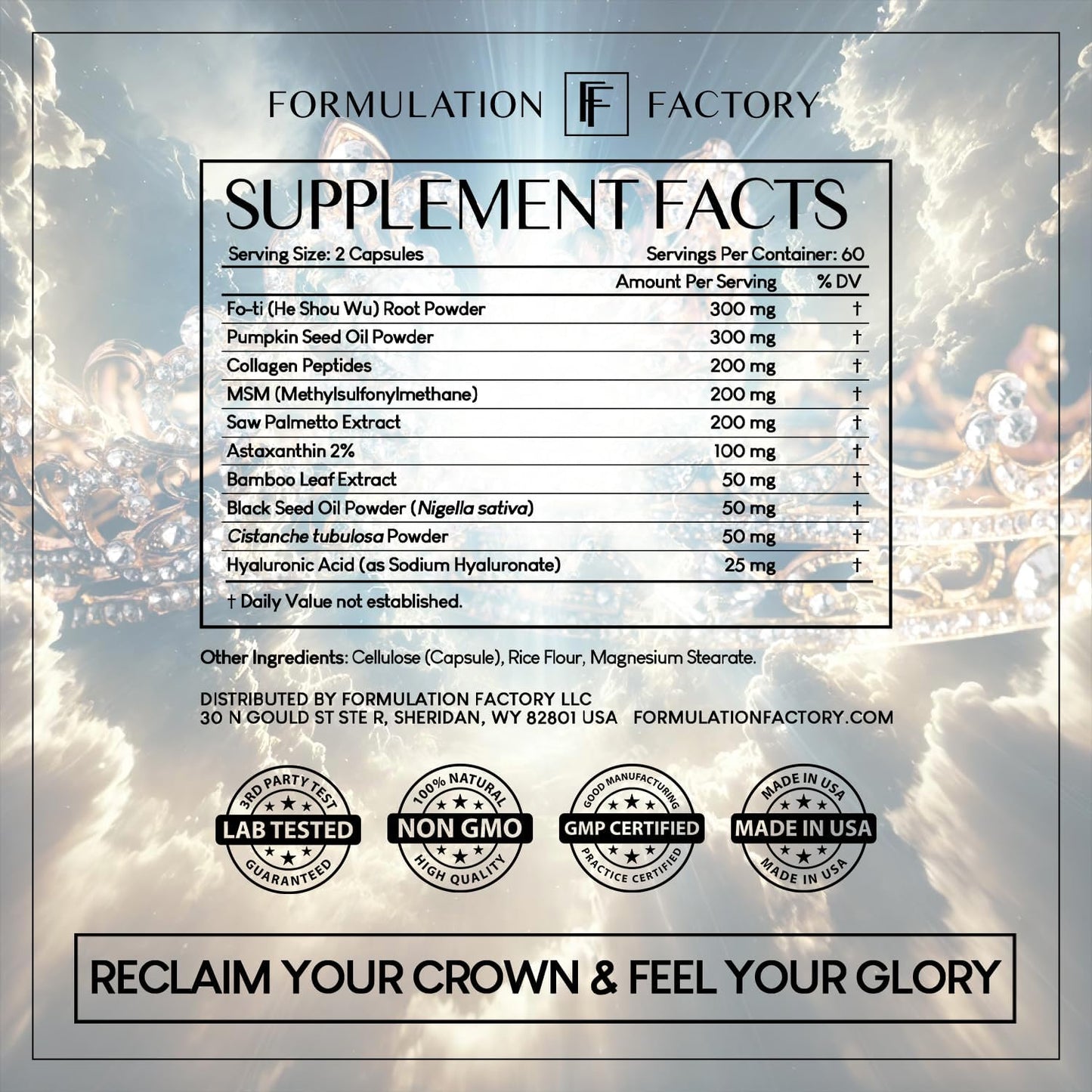 Formulation Factory Crown of Glory 10-in-1 Hair Growth Maximizer, DHT Blocker with Saw Palmetto, Fo-Ti, Collagen, Supports Thicker Hair & Scalp Health (2 Month Supply, 120 Capsules)