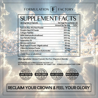 Formulation Factory Crown of Glory 10-in-1 Hair Growth Maximizer, DHT Blocker with Saw Palmetto, Fo-Ti, Collagen, Supports Thicker Hair & Scalp Health (2 Month Supply, 120 Capsules)