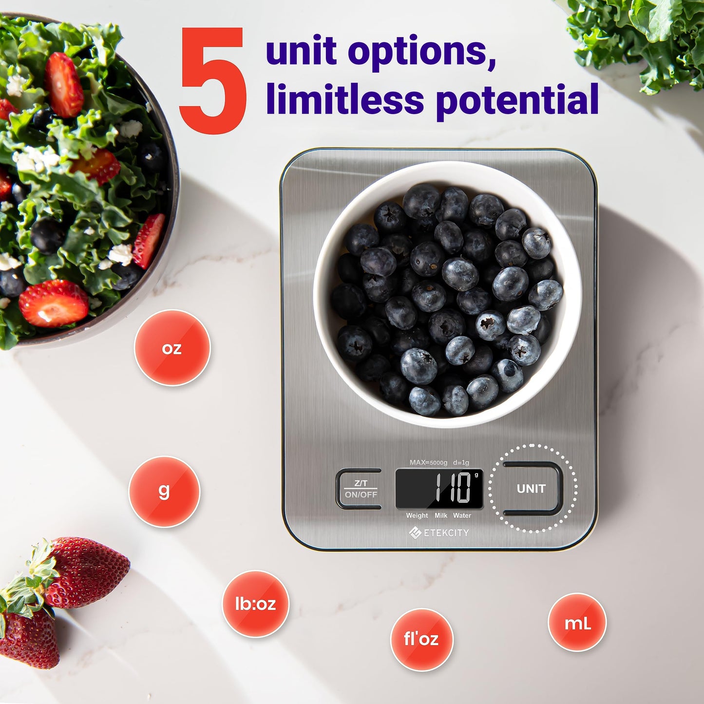 Etekcity Smart Food Kitchen Scale with Nutritional Calculator, Free App with 19 Nutrients Tracking, Calorie, Marco, Digital grams and ounces for weight loss, Premium Stainless Steel, 11lb