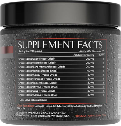 Formulation Factory Primal Power 10-in-1 Grass-Fed Organ Supplement with Beef Liver, Heart, Marrow, Testicle, Kidney, Supports Vitality, Hormones, Energy, Immunity (2 Month Supply, 120 Capsules)
