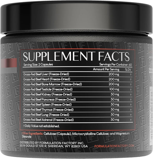Formulation Factory Primal Power 10-in-1 Grass-Fed Organ Supplement with Beef Liver, Heart, Marrow, Testicle, Kidney, Supports Vitality, Hormones, Energy, Immunity (2 Month Supply, 120 Capsules)
