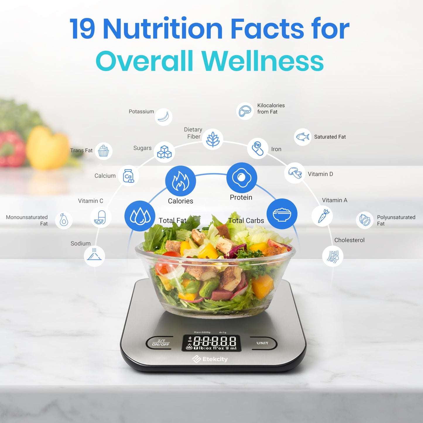 Etekcity Smart Food Kitchen Scale with Nutritional Calculator, Free App with 19 Nutrients Tracking, Calorie, Marco, Digital grams and ounces for weight loss, Premium Stainless Steel, 11lb