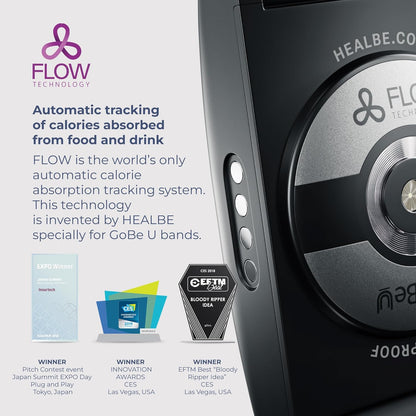 HEALBE GoBe U - Automatic Calorie Intake Smart Band, Energy Balance Insights, Hydration, Sleep, Stress, 24/7 Heart Rate, Neuroactivity, Free App, 5 ATM Waterproof - Black