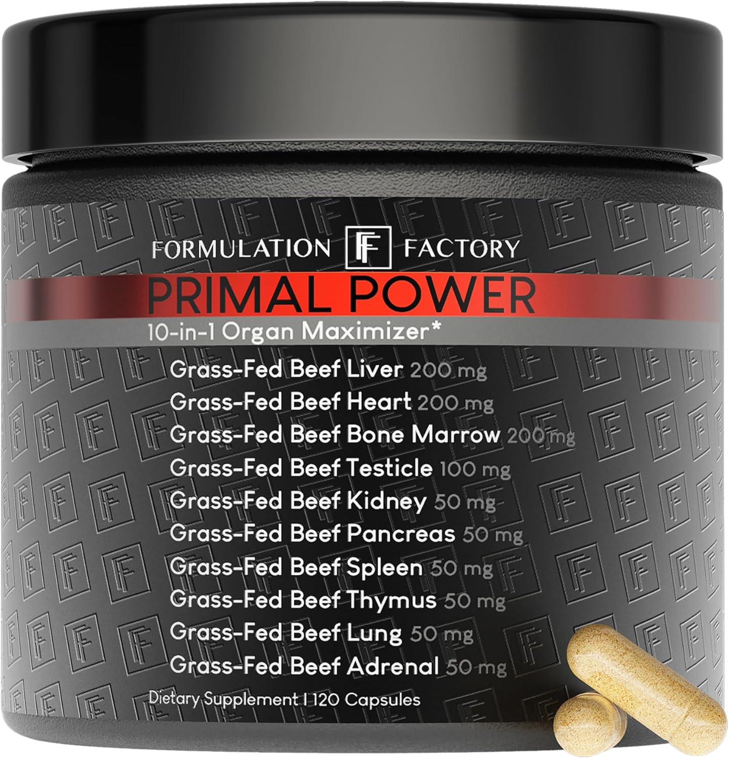 Formulation Factory Primal Power 10-in-1 Grass-Fed Organ Supplement with Beef Liver, Heart, Marrow, Testicle, Kidney, Supports Vitality, Hormones, Energy, Immunity (2 Month Supply, 120 Capsules)